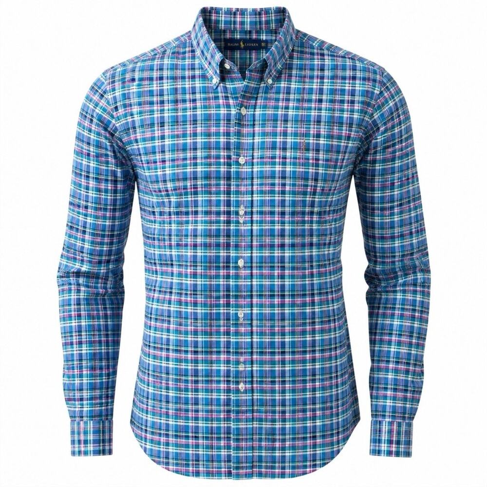 Polo Ralph Lauren Oxford Plaid Button Down Shirt XXL Blue Aqua Pink Brown Pony